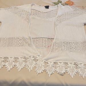 New Directions Cream Blouse with Orange and Green Embroidery